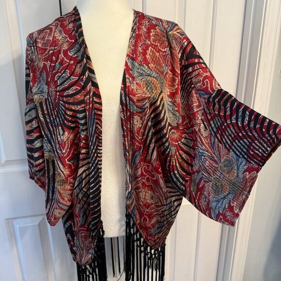 Joseph Ribkoff Silk Deco Kimono Women’s Size 10 M/L Fringe Festival Artsy Boho - Picture 8 of 14